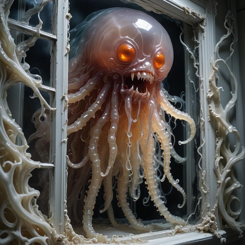 Ghostly Jelly Creature Peering into Bedroom Window