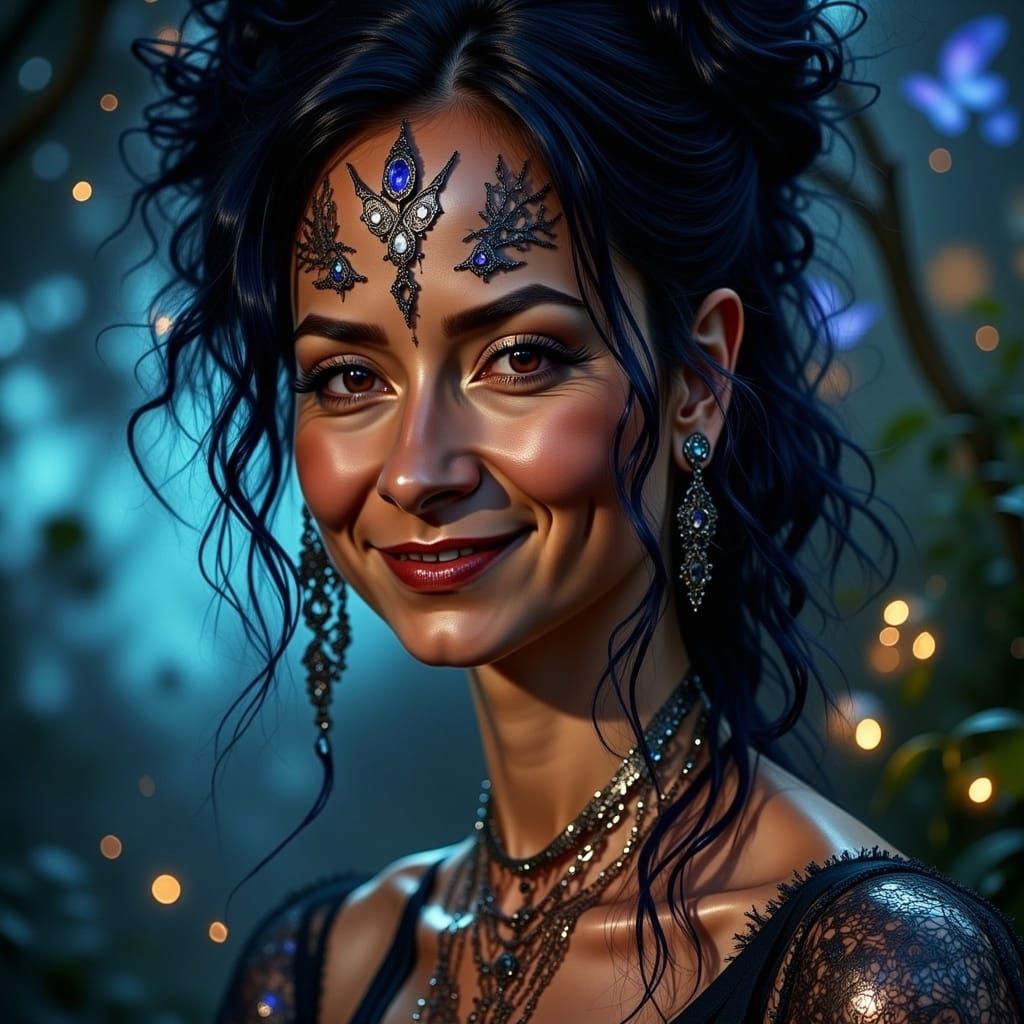 Alluring Woman with Metallic Eyes under Electric Lighting