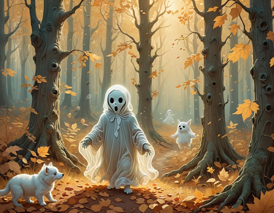 Whimsical Ghostly Duo in Autumn Forest