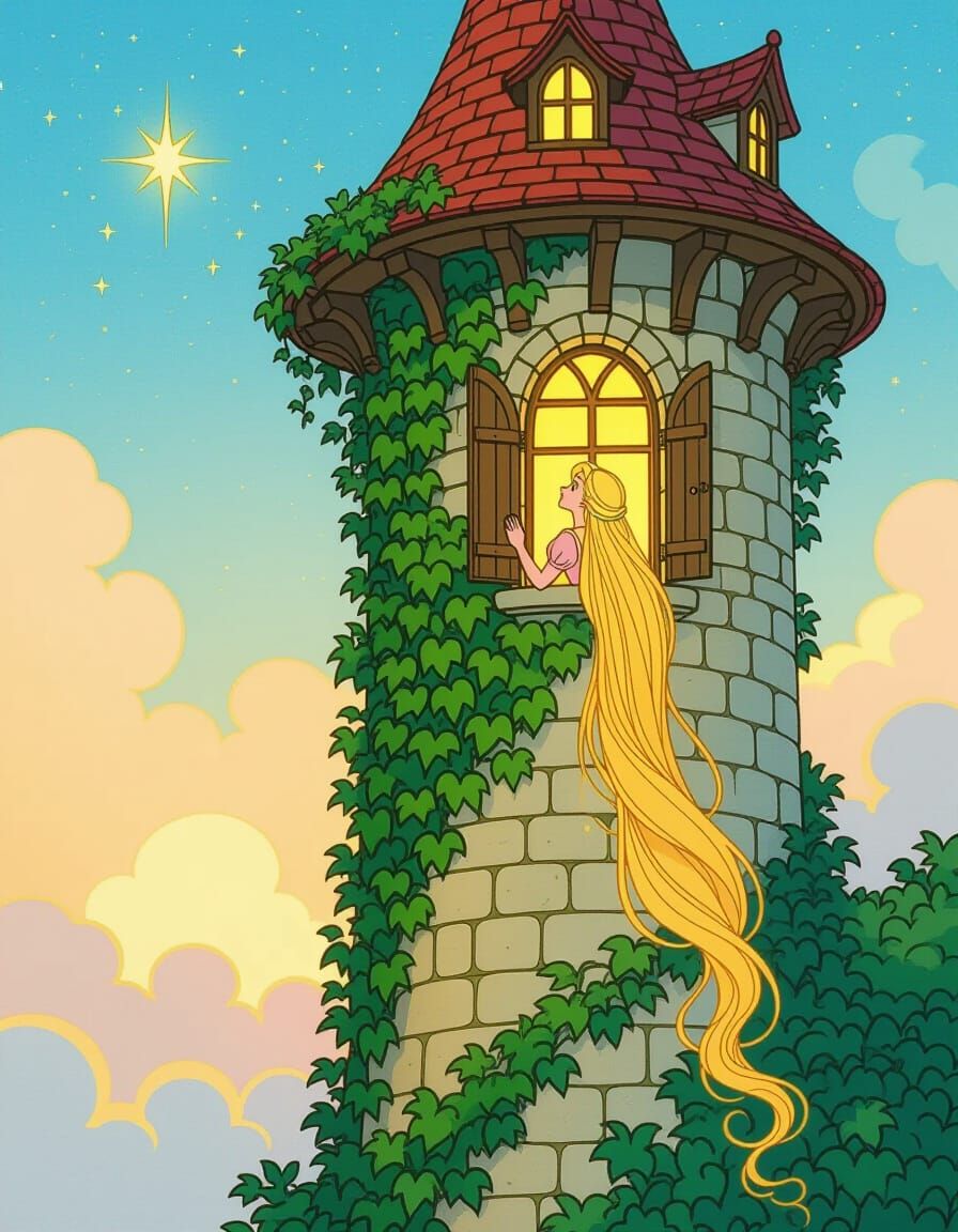 Fairytale Tower with Rapunzel Gazing at Star