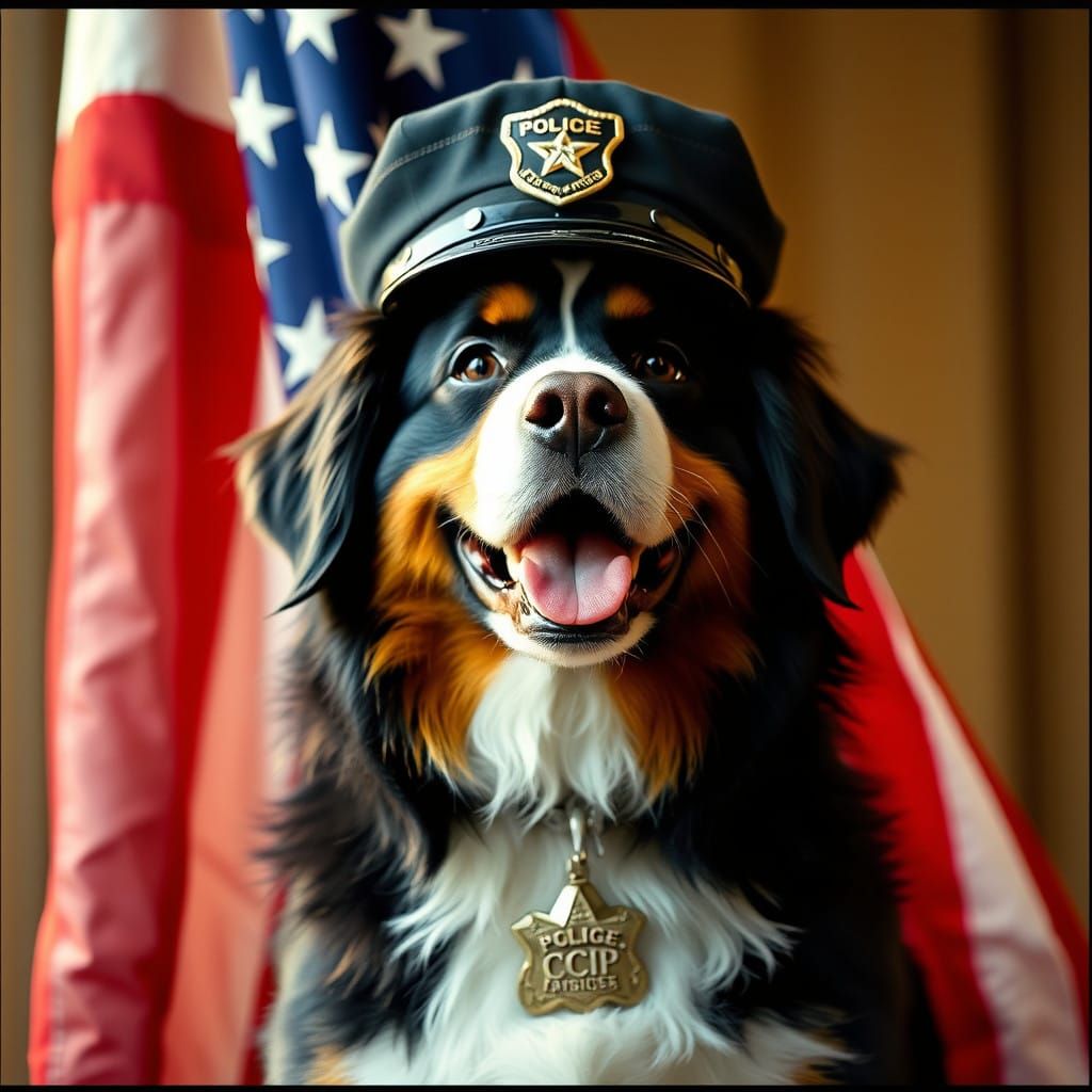 Epic Patriotism: Bernese Mountain Dog Wears Police Hat, Empo...