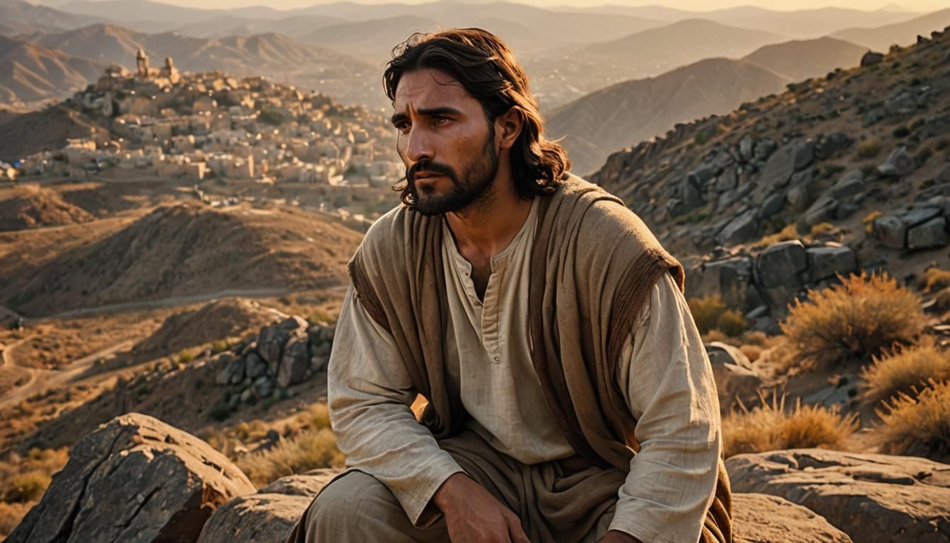 Jesus Contemplating on a Hillside: Realistic Photography