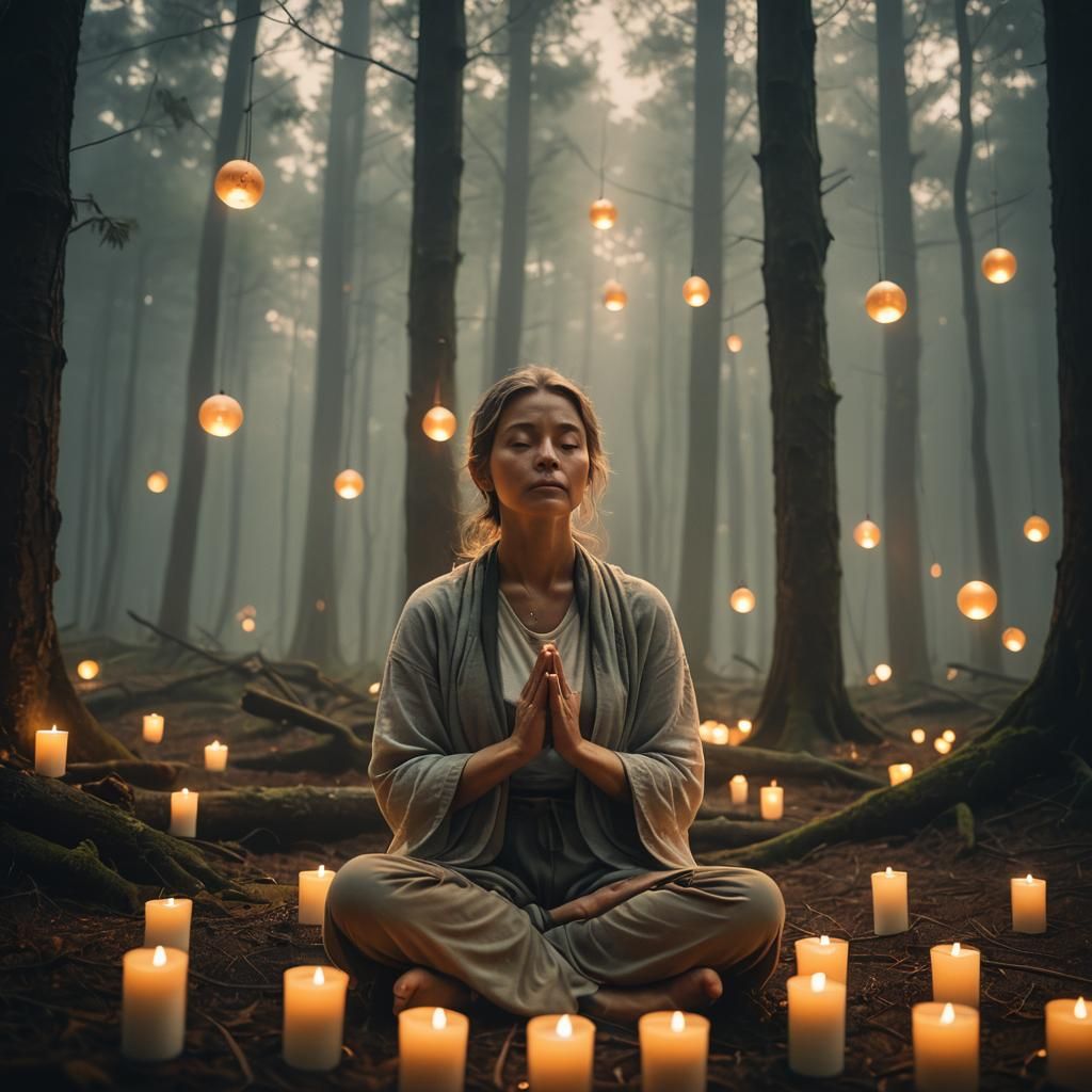 Serene Woman Meditates in Misty Forest