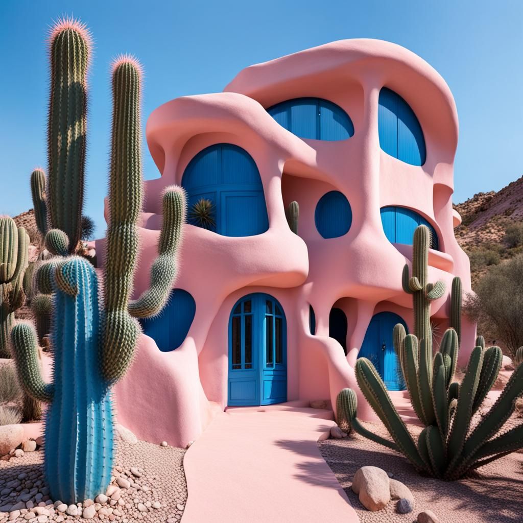 Blue Cacti Around Pink Gaudi House