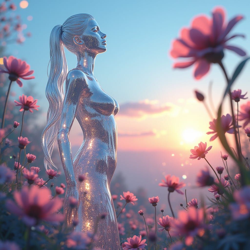 Glass Goddess in a Radiant Crystal Garden