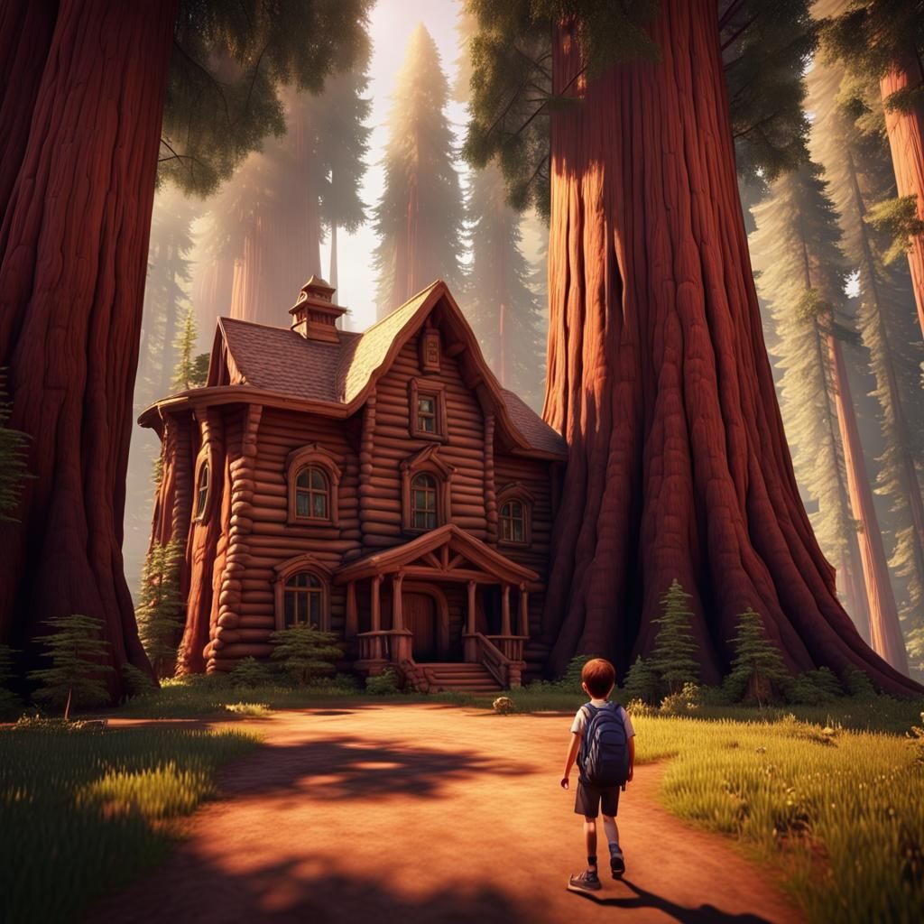 Majestic Schoolhouse Amidst Redwood Giants in 4K
