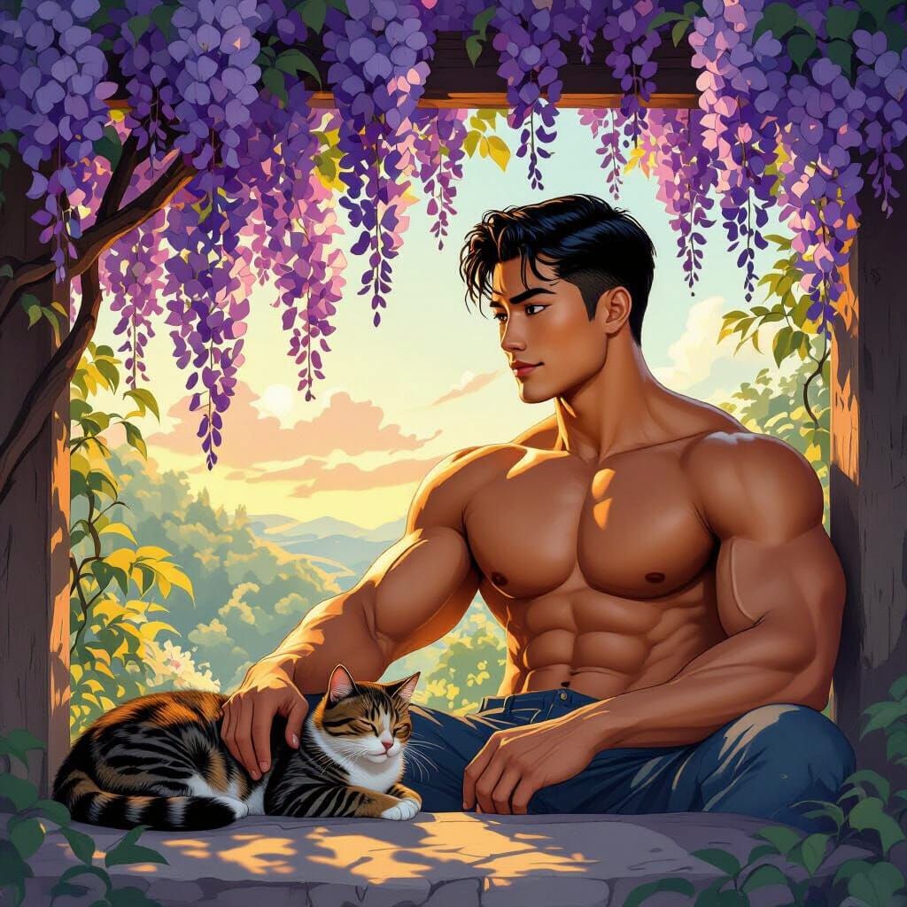 Muscled Asian Man Under Wisteria with Cat