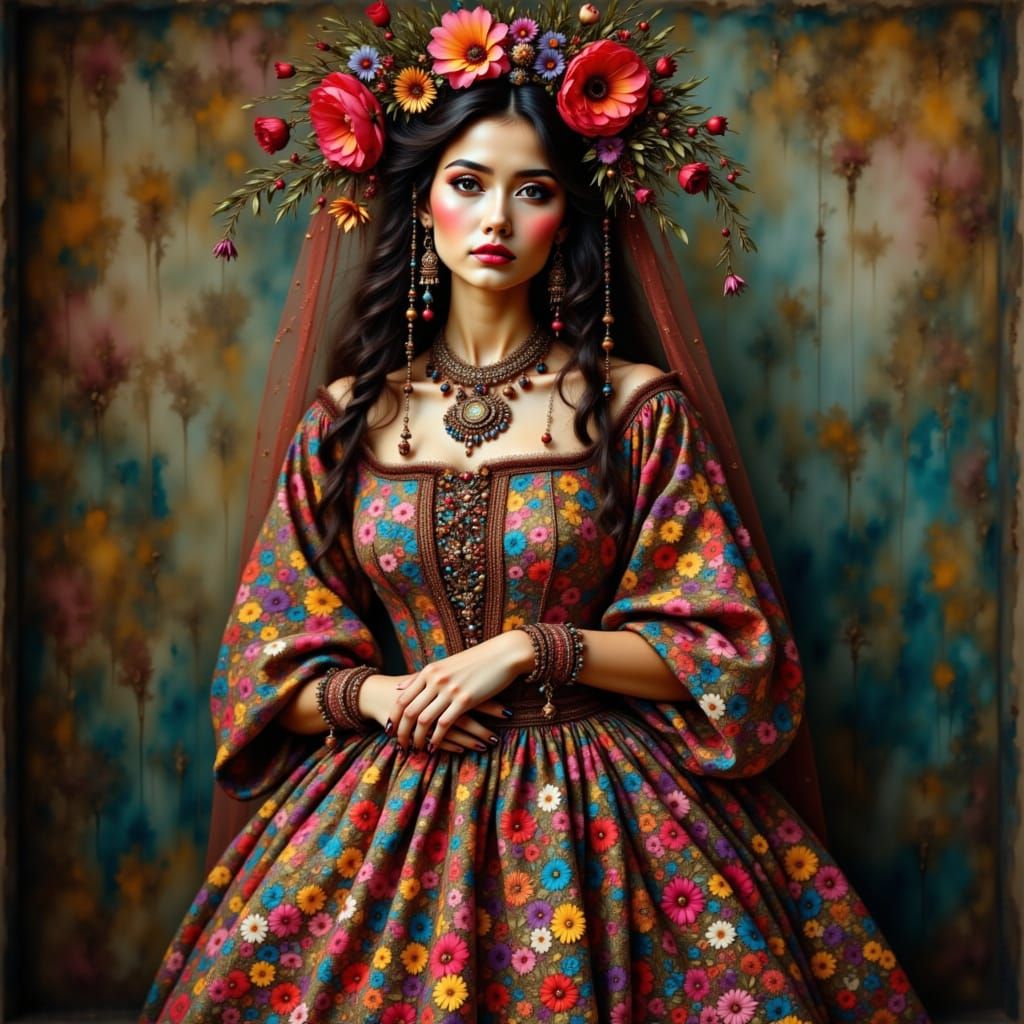 Full Length Portrait Of A Romanian Gypsy In Colorful Dress