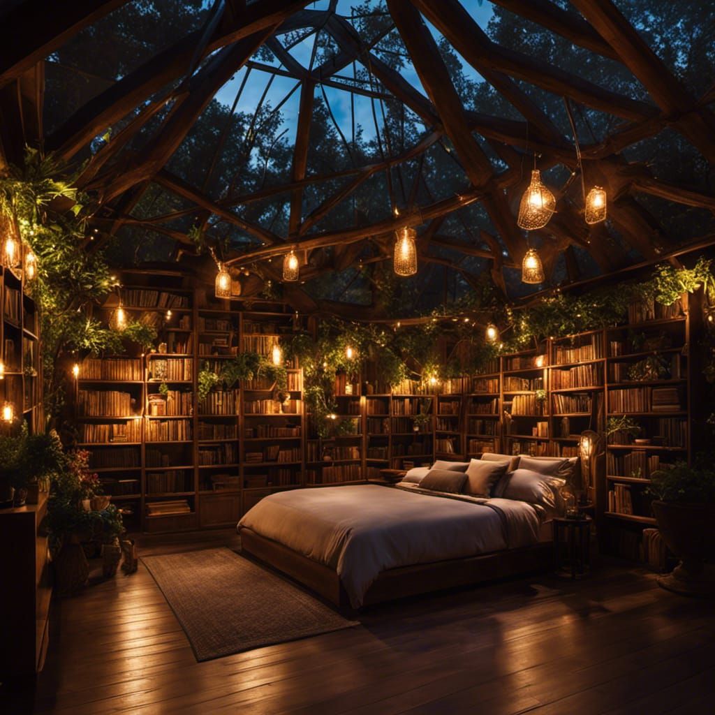 Cozy Bedroom with Fireflies and Tiffany Lamps