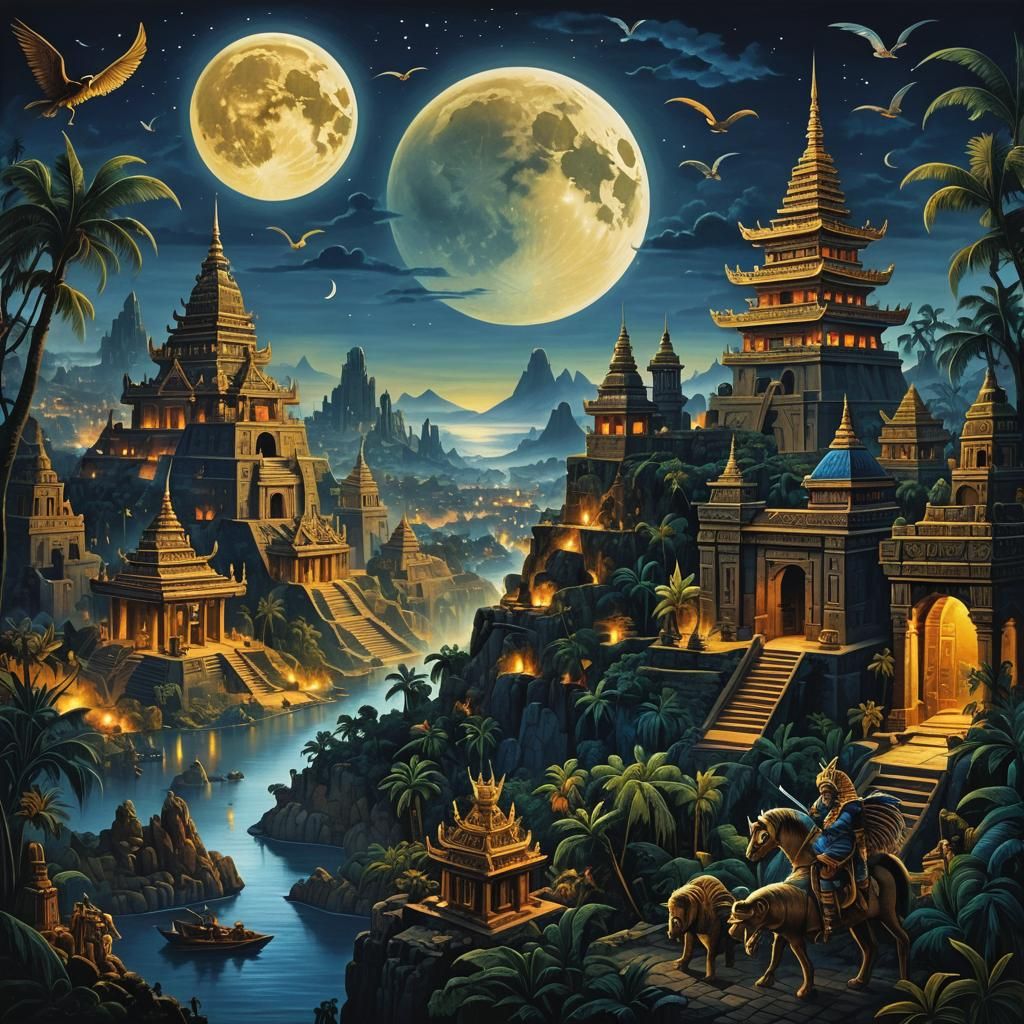 Surreal Aztec Cityscape at Night in Dark Blues