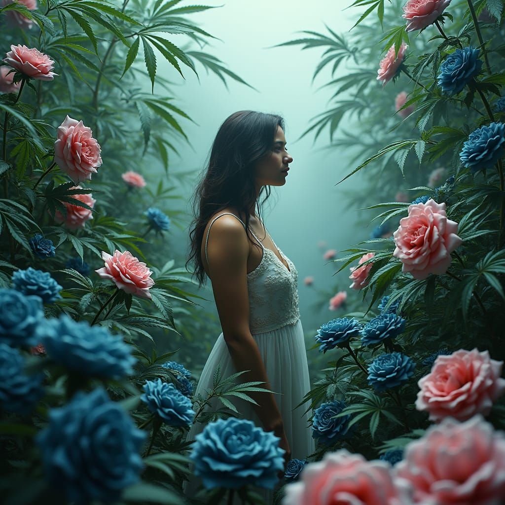 Woman in Misty Garden with Roses: Surreal Botanical Art