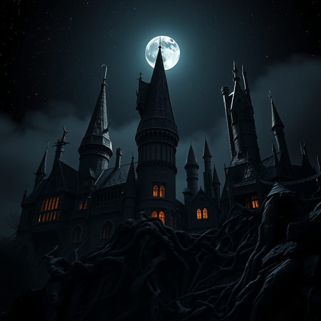 Dark, Gothic Hogwarts Castle Under Starry Sky