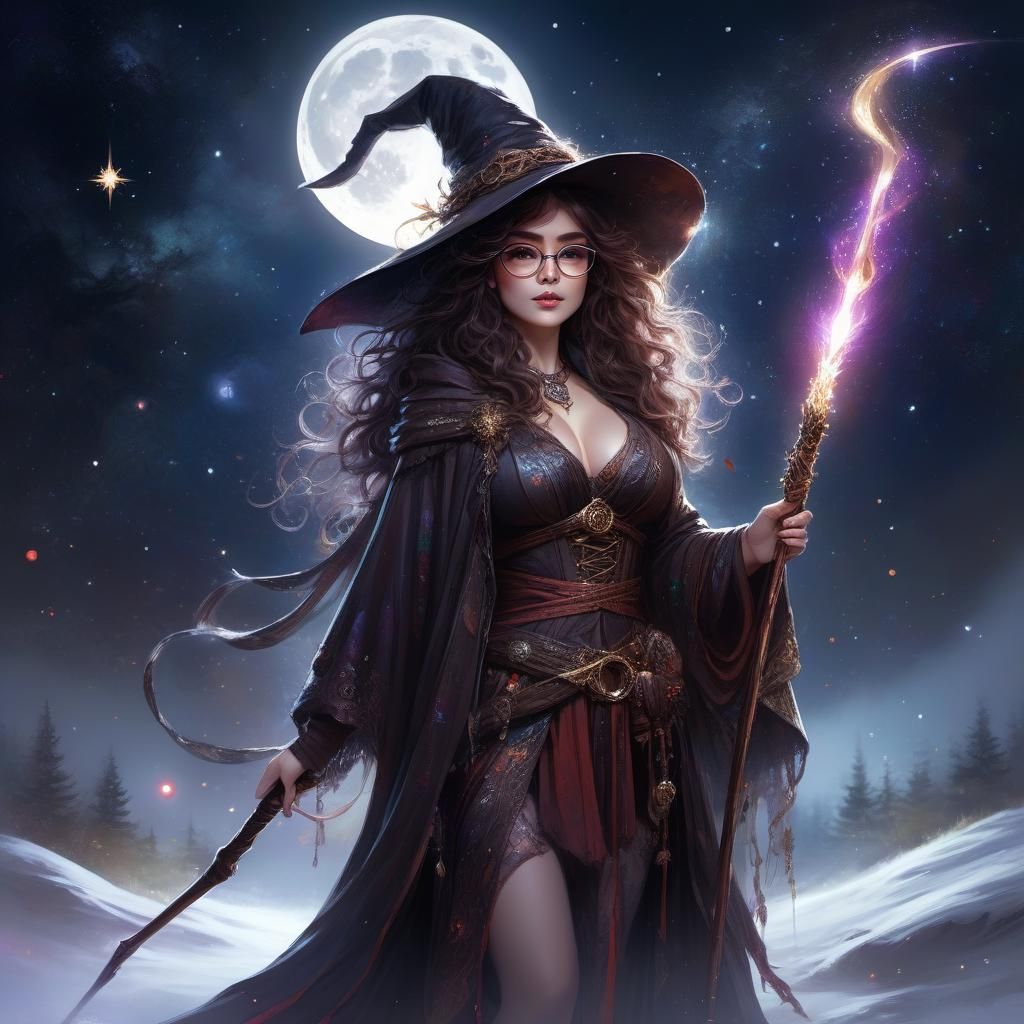 Winter Druid Witch with Newfoundland Dog