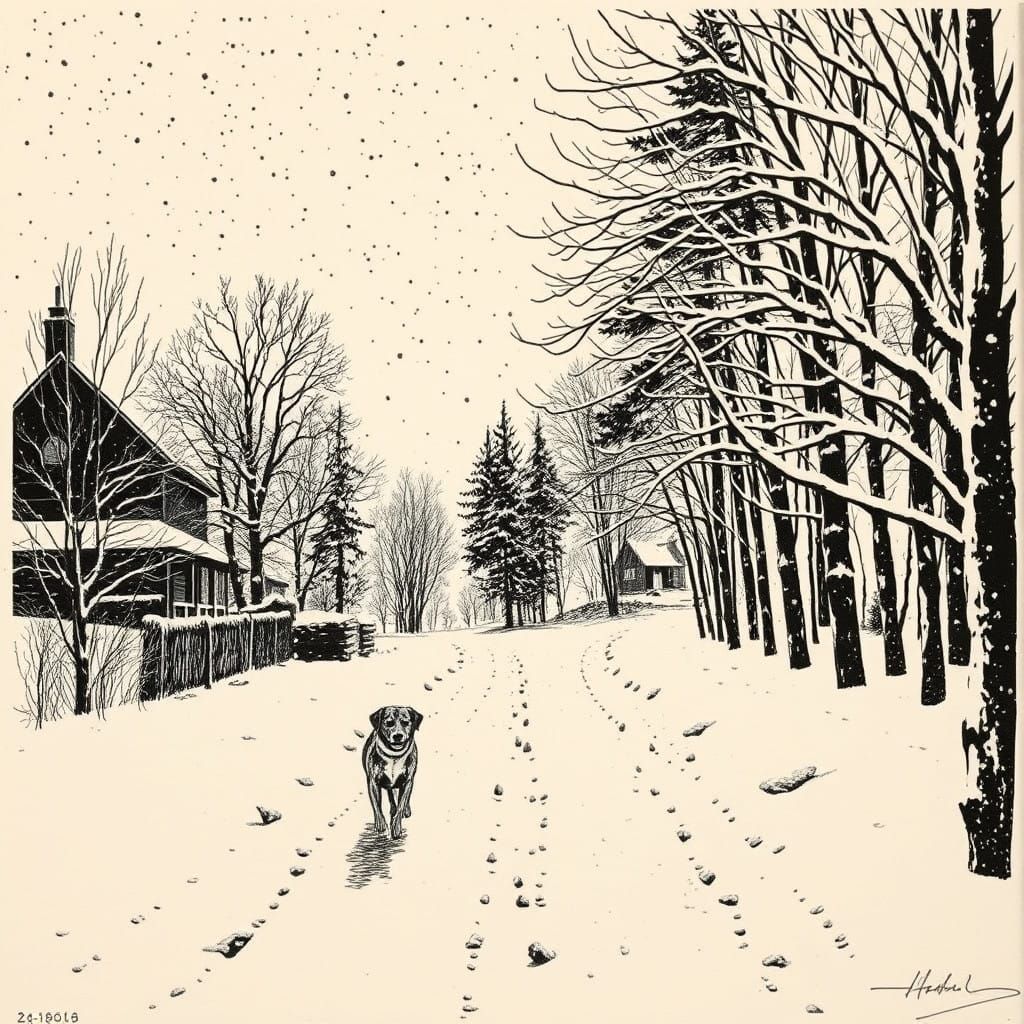 Winter Morning Dog Walk in a Snowstorm Relief Print
