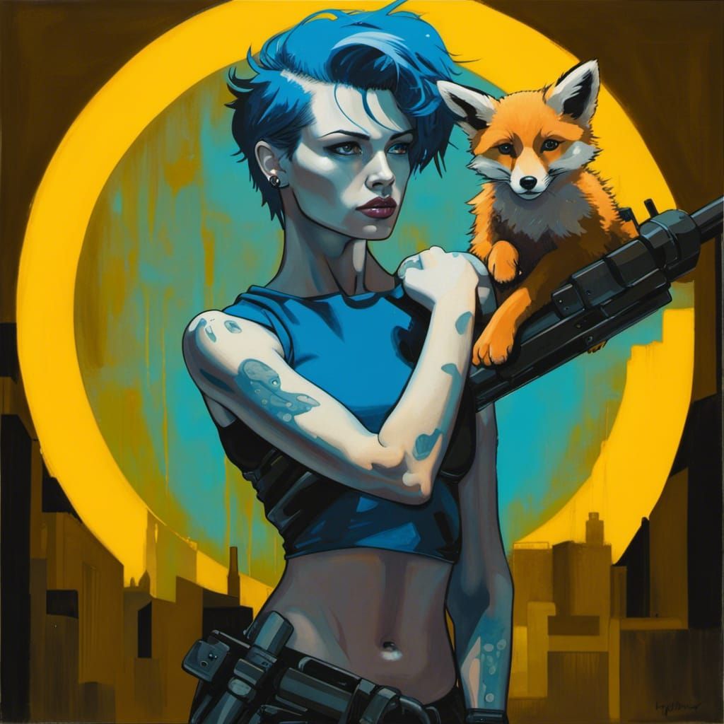 Cyberpunk Cyborg Woman with Fox Digital Painting
