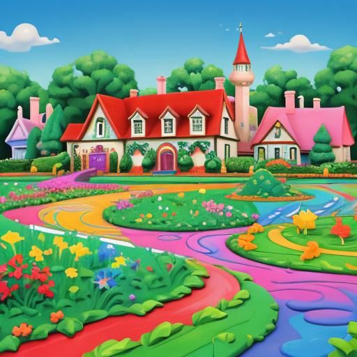 Pixar-Style House with Garden in Candyland Colors