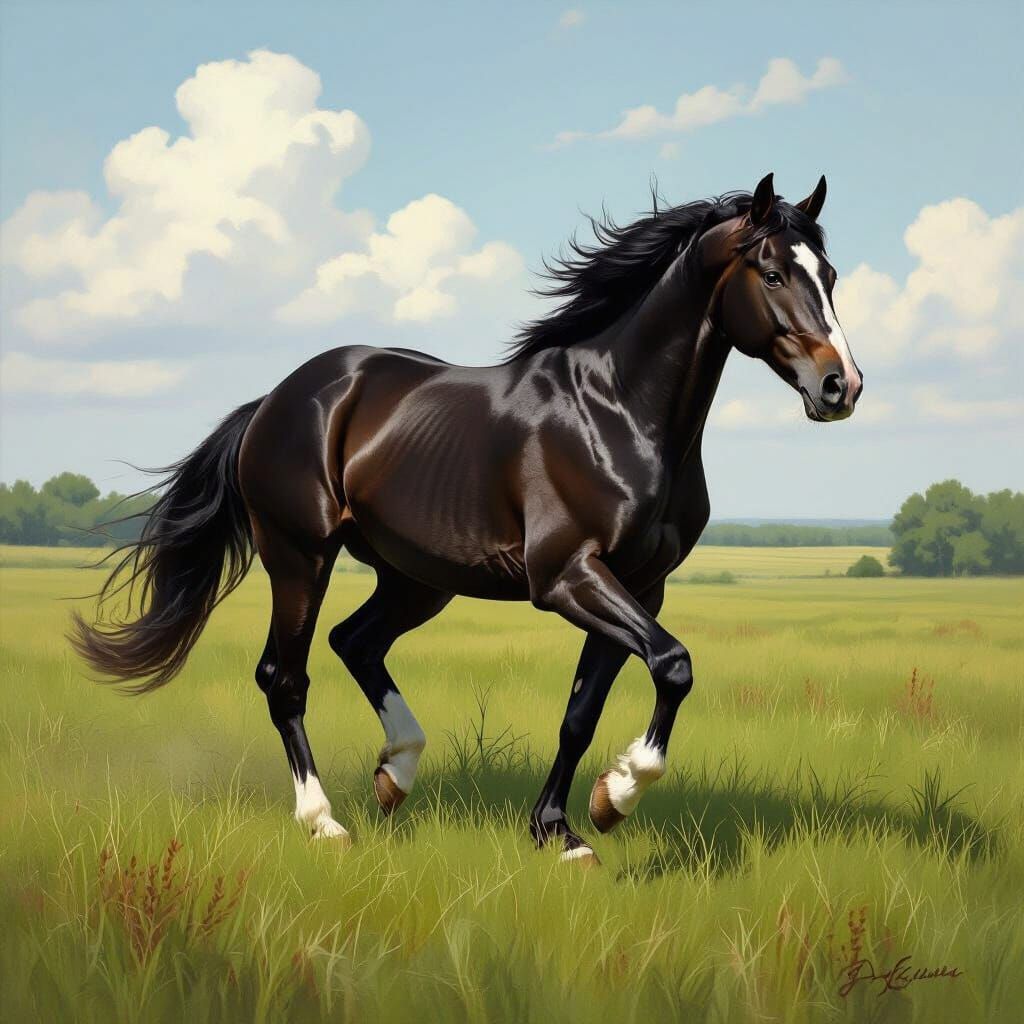 Majestic Black Horse Galloping in Green Meadow