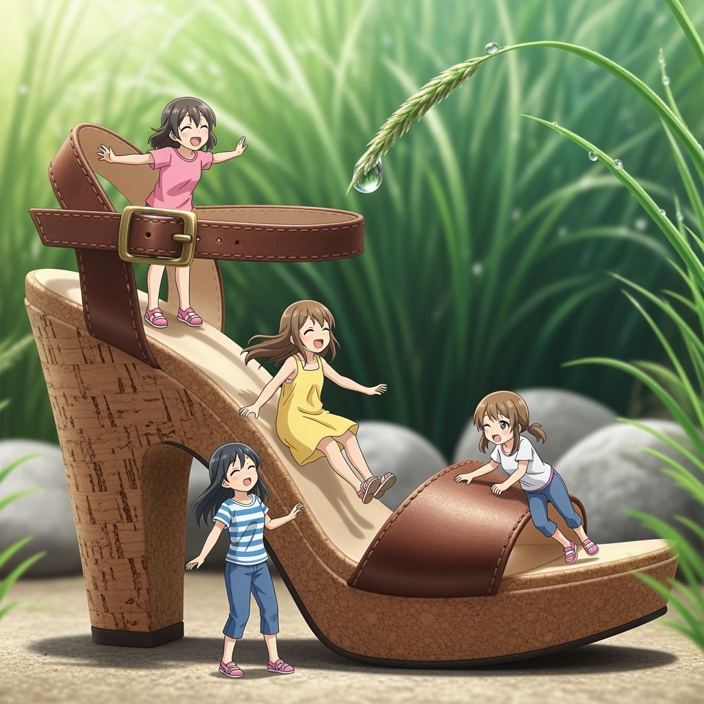 Tiny Girls Play on Giant Sandal in Garden