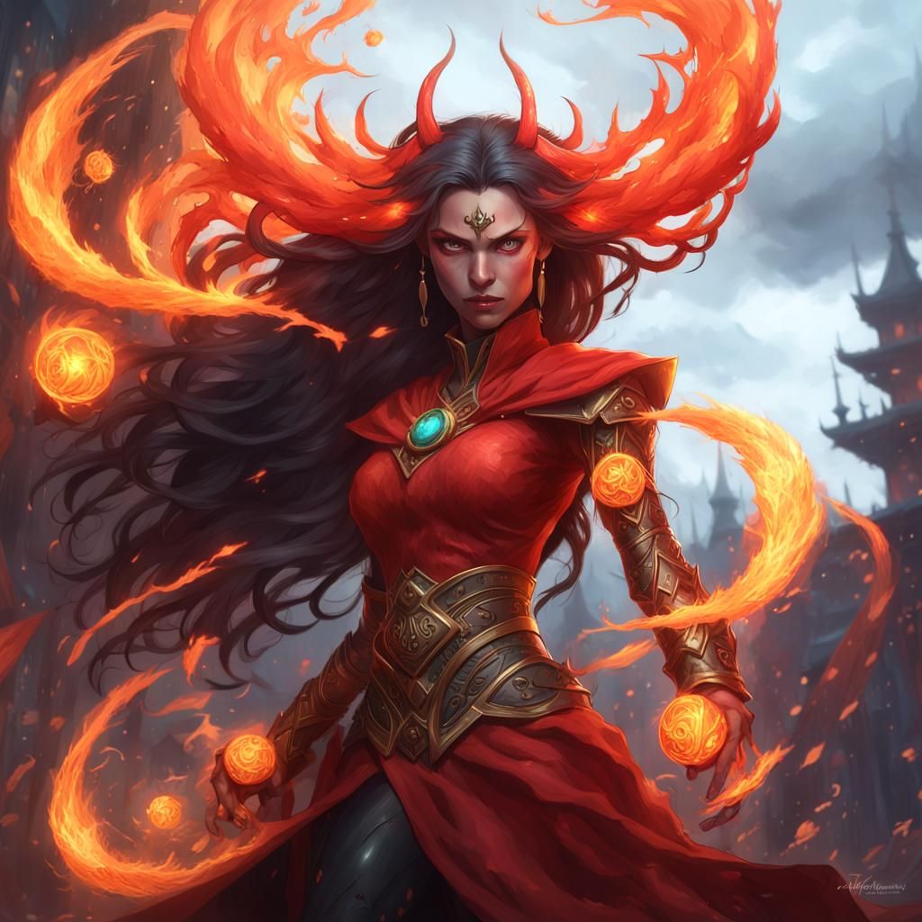 Fiery Demon Woman Portrait in Art Nouveau Style