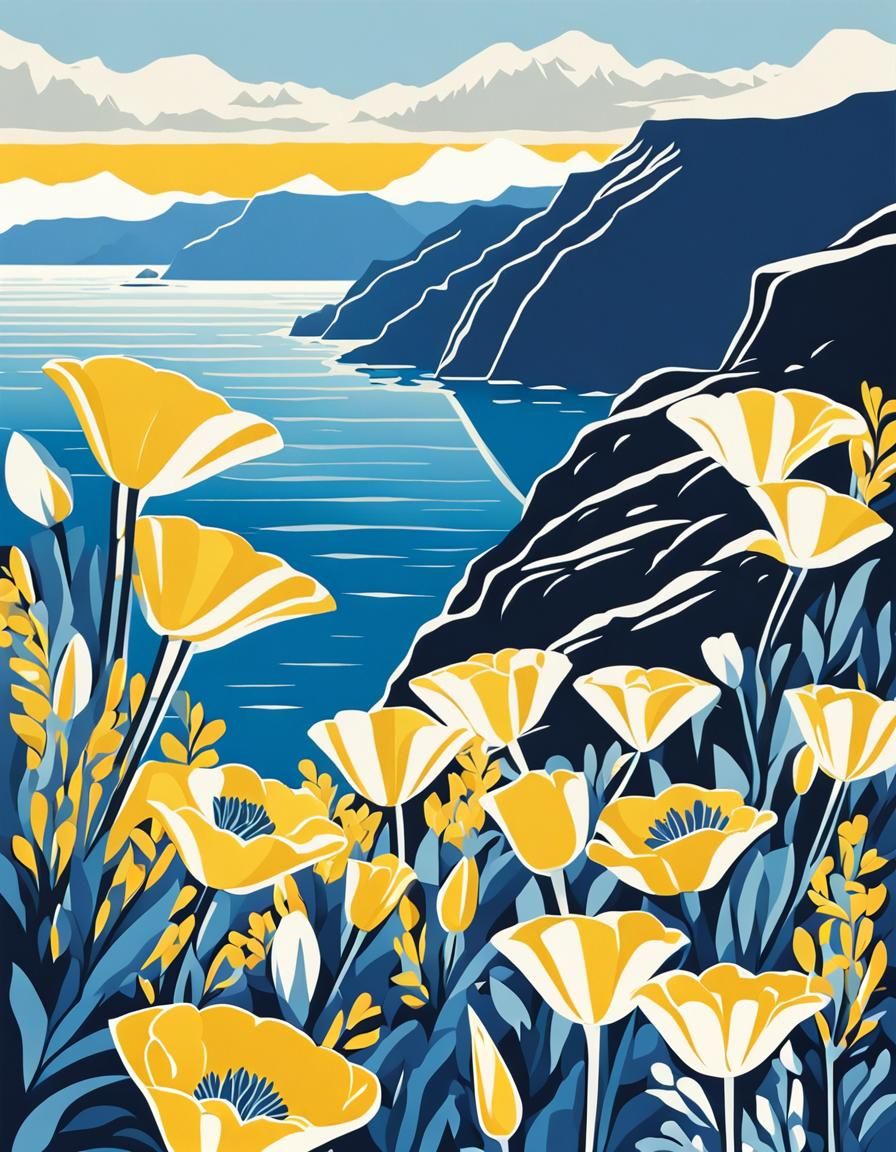 Art Deco Woodcut Poster of Fjord Landscape