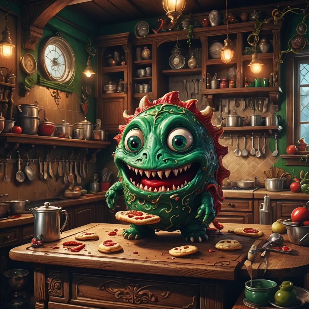Cartoon Calzone Monster in Victorian Kitchen, Fantasy Art