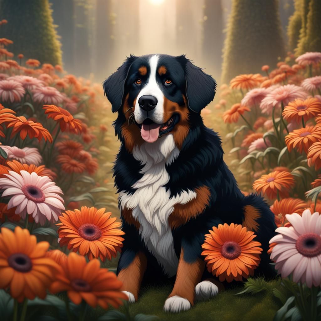 Bernese Mountain Dog in a Field of Daisies