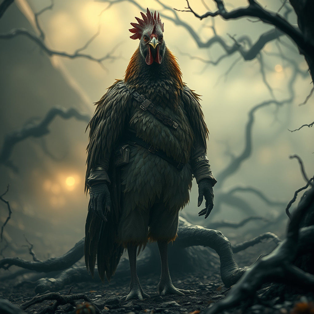 Chicken-Legged Humanoid in Dreamlike Landscape
