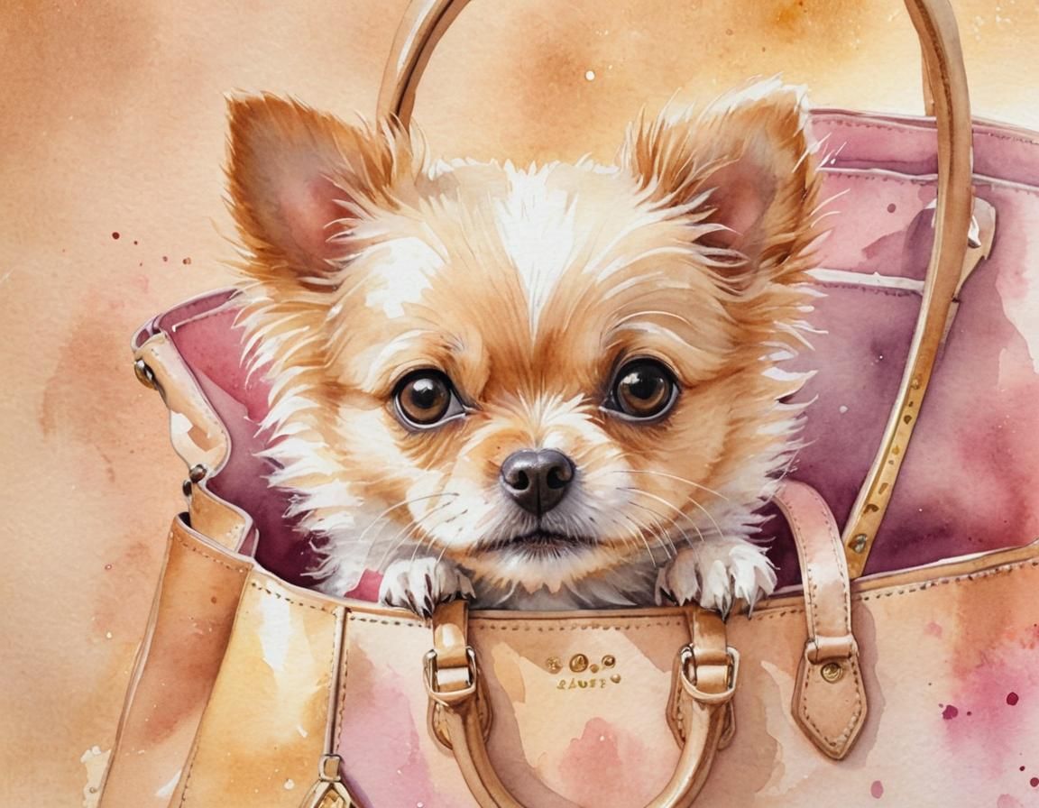 Whimsical Watercolor Dog Peeks Out of Luxurious Handbag
