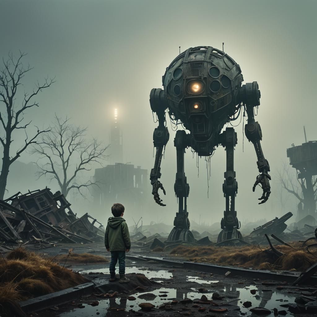 Eerie Sci-Fi Landscape with Child in Cinematic Style