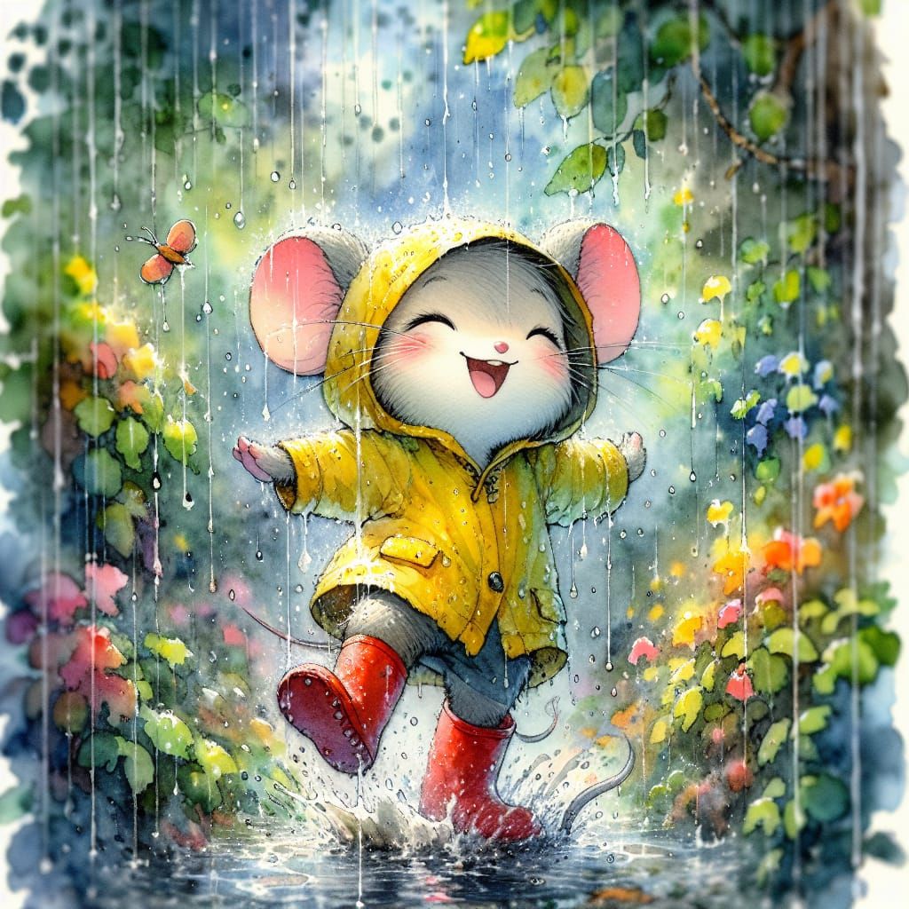 Chibi Mouse Dancing in Rain, Digital Watercolor Art