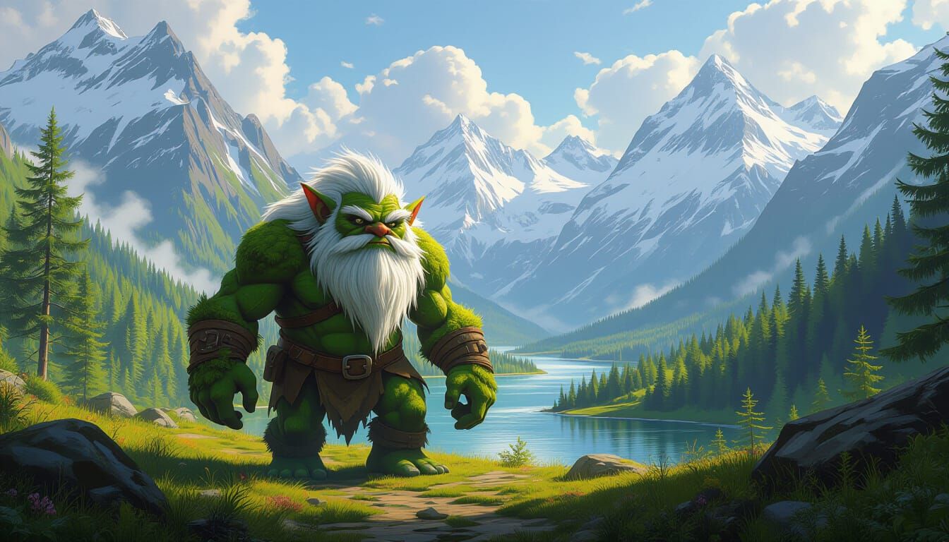 Moss Troll in Hyperrealistic Forest Landscape