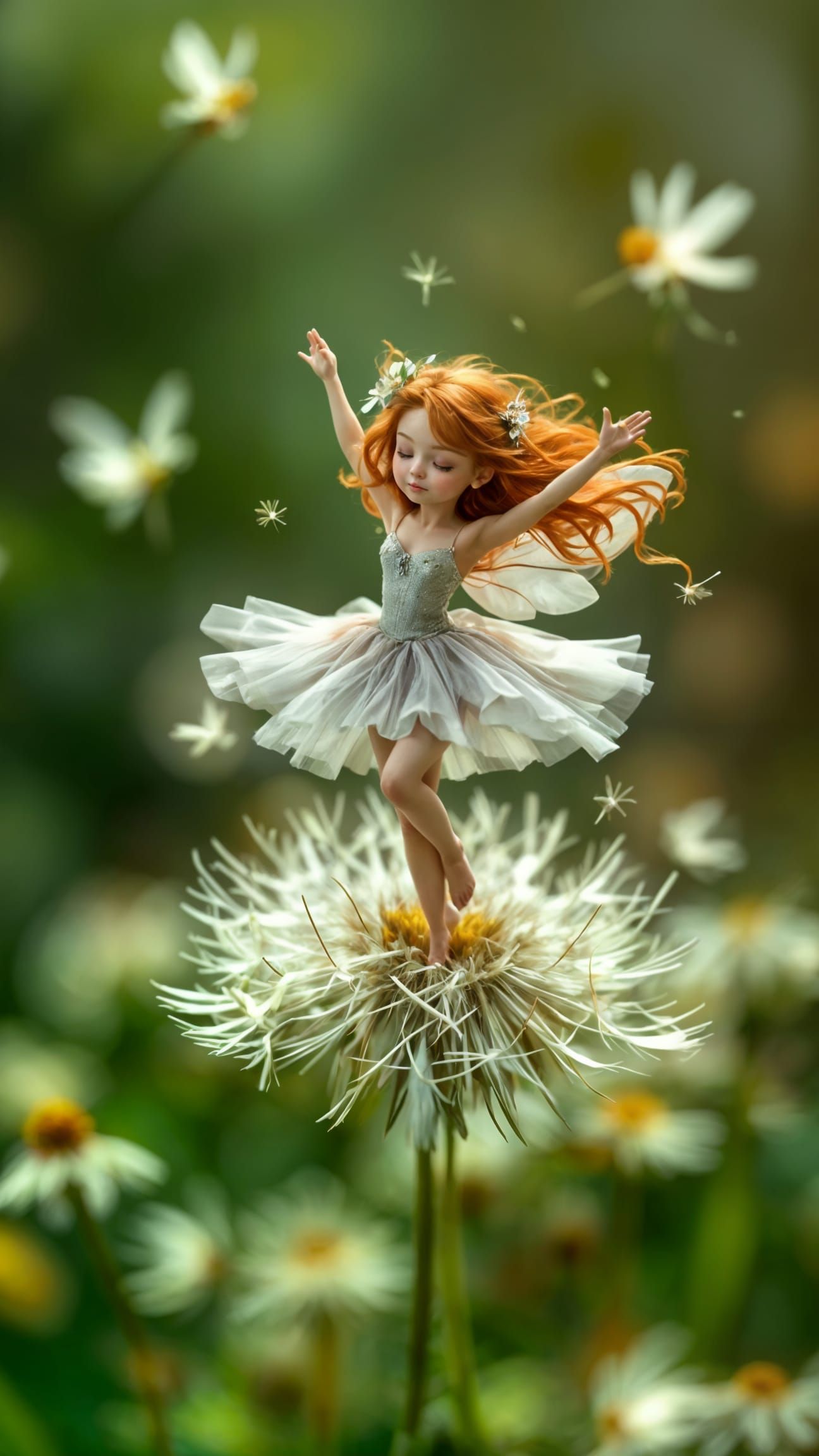 Red-Haired Fairy Dancing on Dandelion