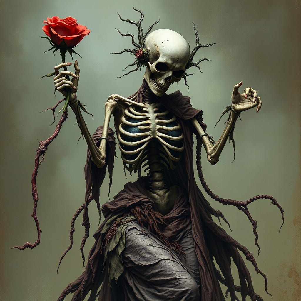 Gothic Skeletal Woman Reaching for Maiden