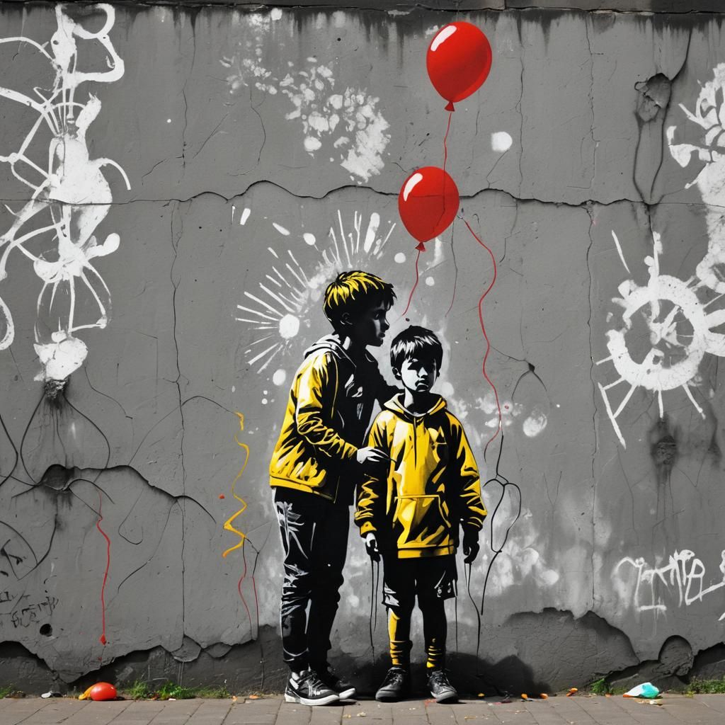 Street Art Boy with Football and Red Balloon