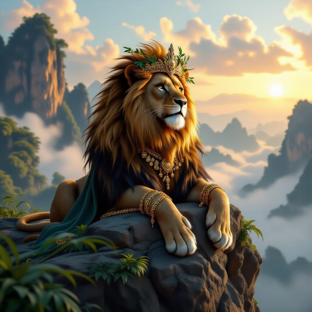 Golden Silk Lion King in Jungle Matte Painting