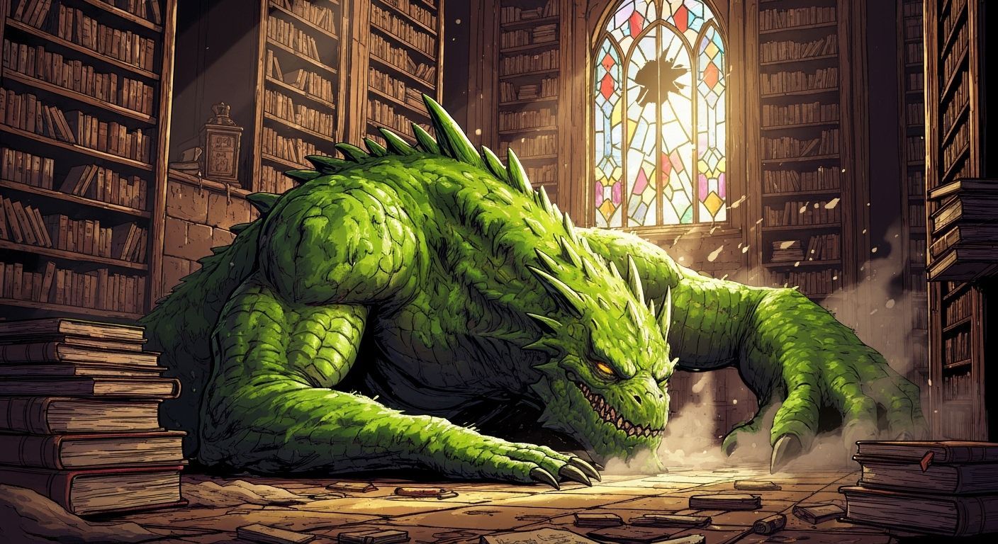 Moss Monster Slumbers in Ancient Library, Vibrant Splash Art