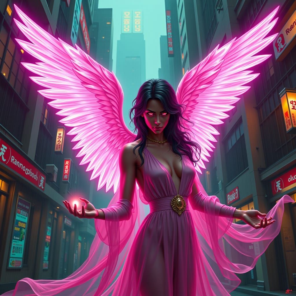 Neon Angel in Cyberpunk Cityscape Digital Painting
