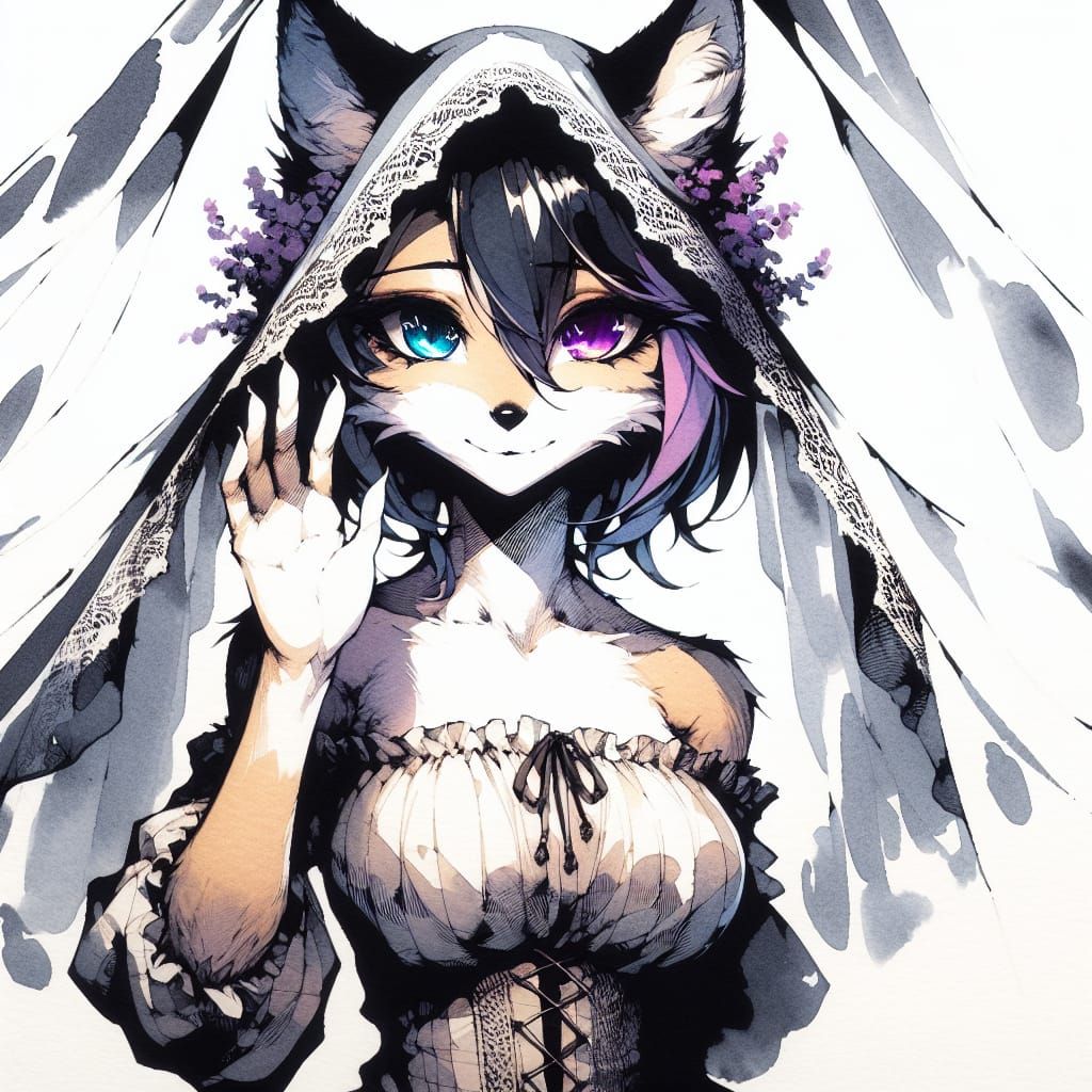 Shy Fox Girl Waving, in Anime-Gothic Ink Style