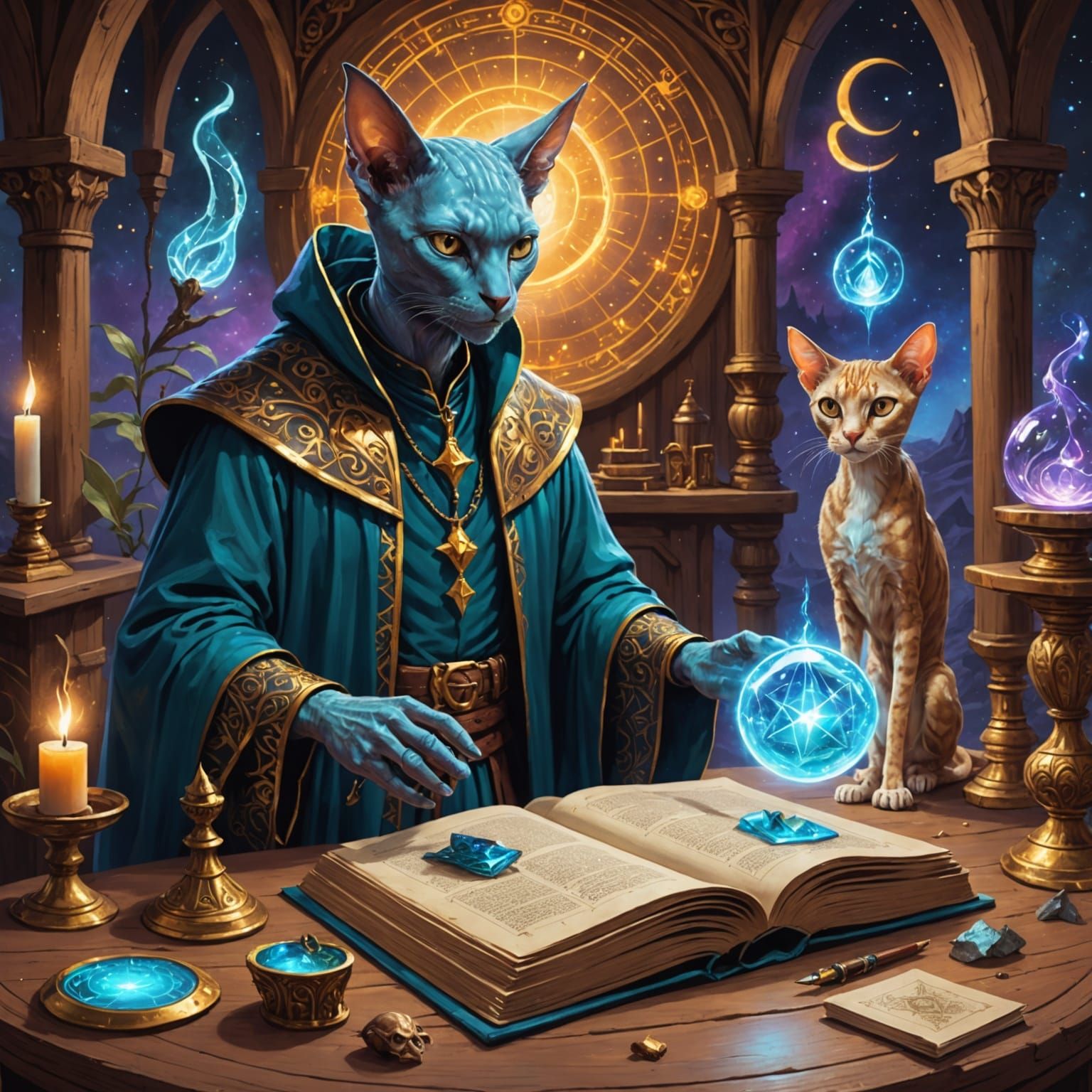 Mystical Fae Wizard Conjures Cosmic Realm with Sphinx Cat
