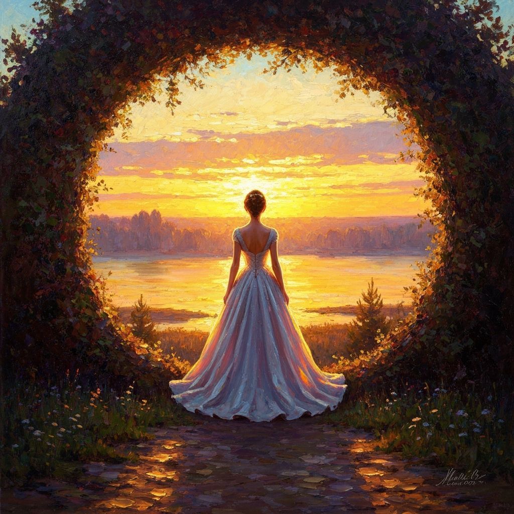 Woman Framing Golden Sunset in Vibrant Oil Painting Style