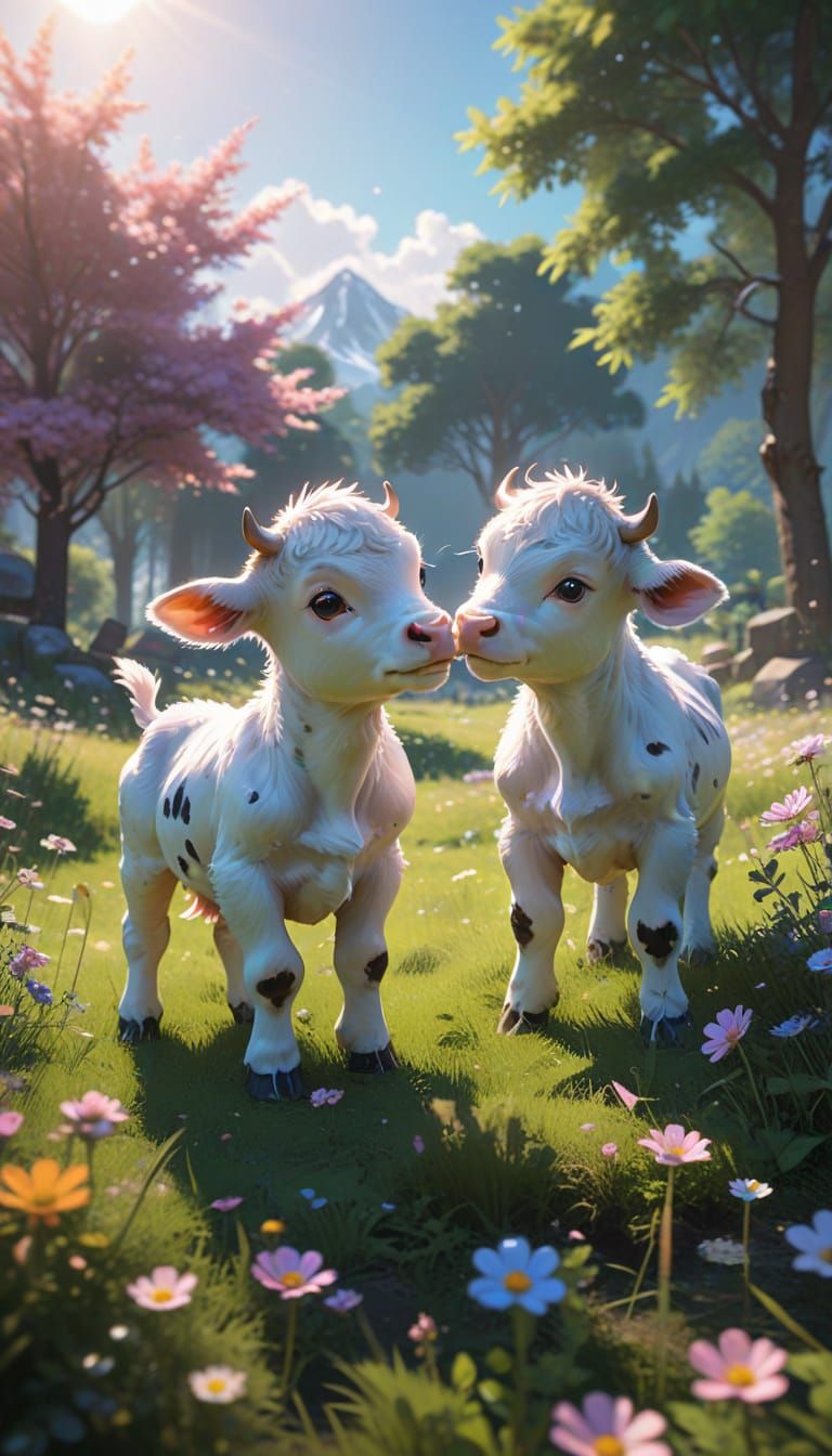 Pastel Dream of Two Baby Cows at Play