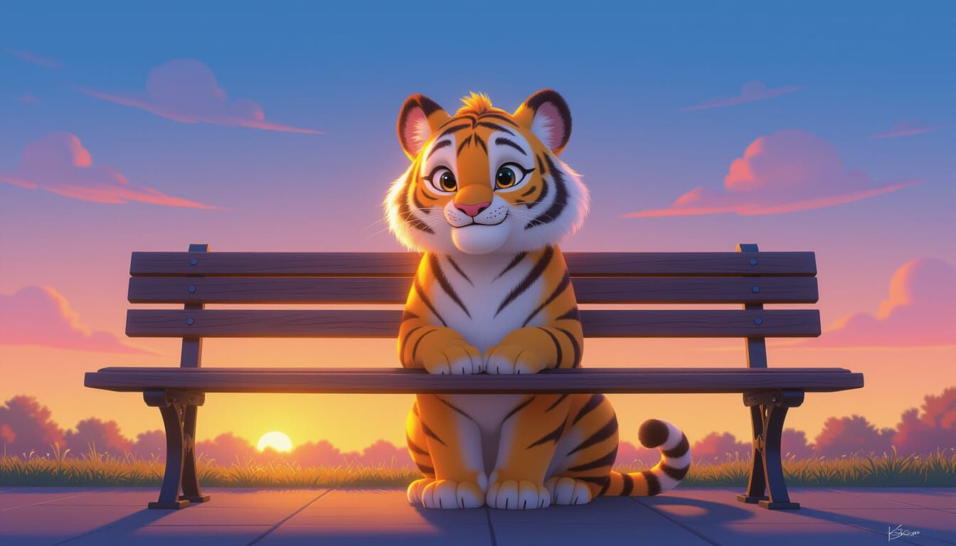 Cute Tiger Girl on Park Bench, 3D Digital Art