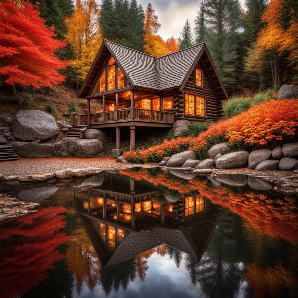 Autumnal Fantasy Scene with Waterfall and Cabin