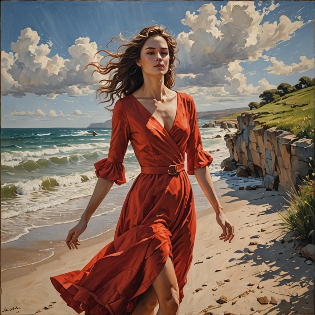 Woman in the sea breezenal oil painting.