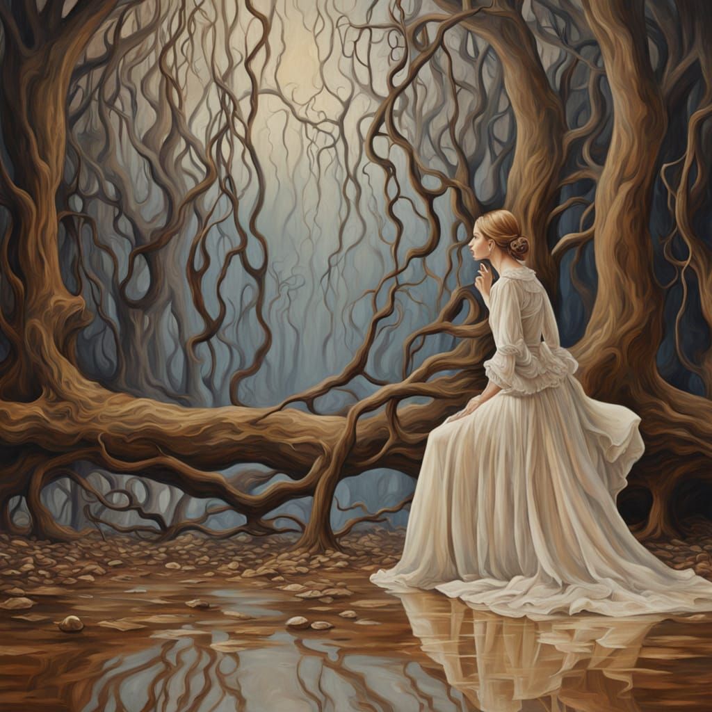 Art Nouveau Solitary Figure in Ethereal Wood