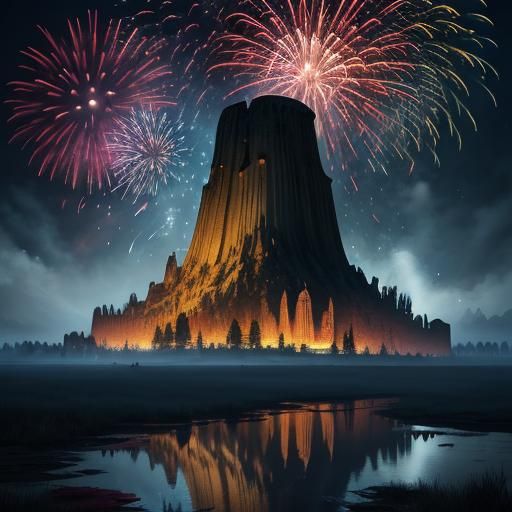 Fireworks Explode Over Devils Tower: Fantasy Art