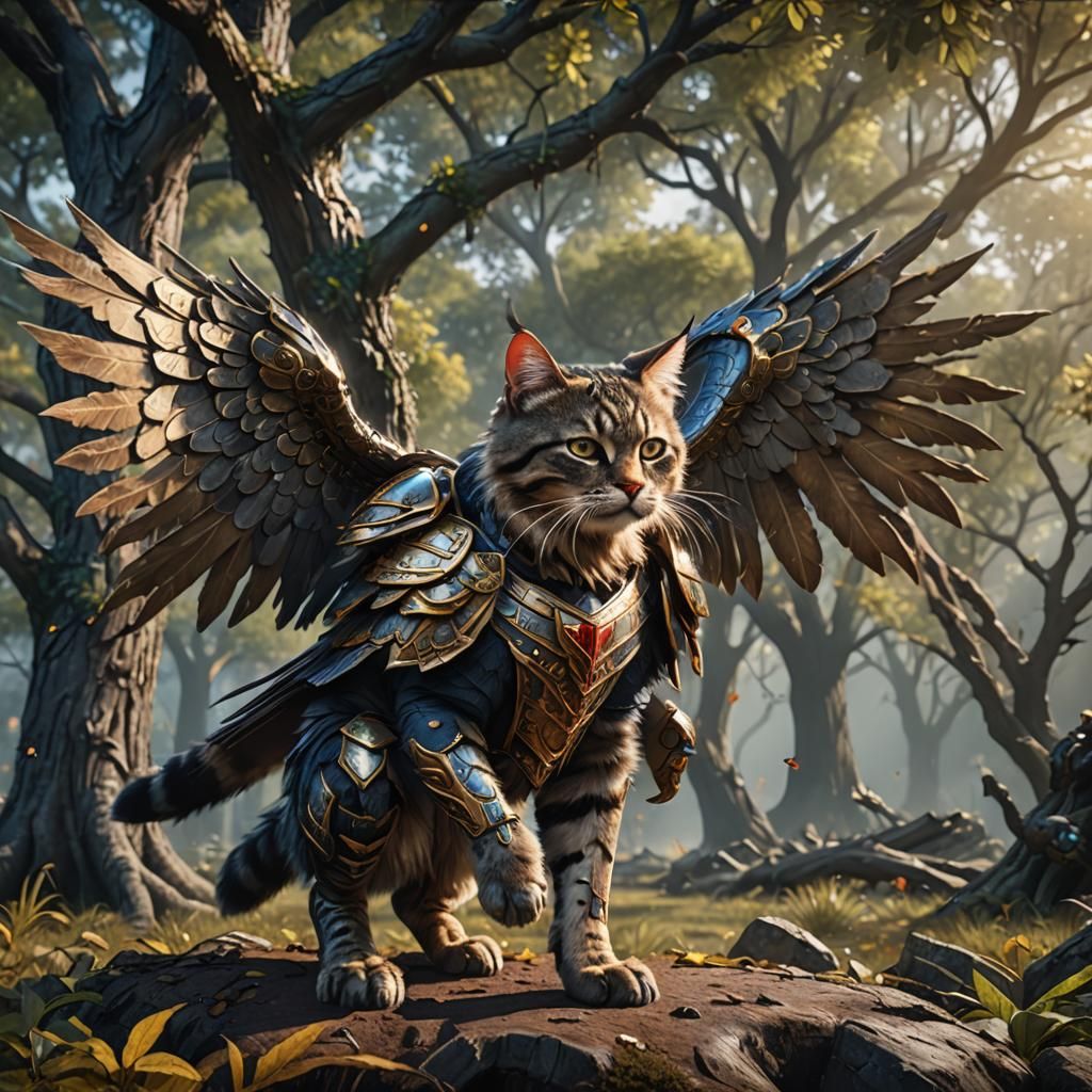 Armored Winged Maine Coon Cat Fantasy Art