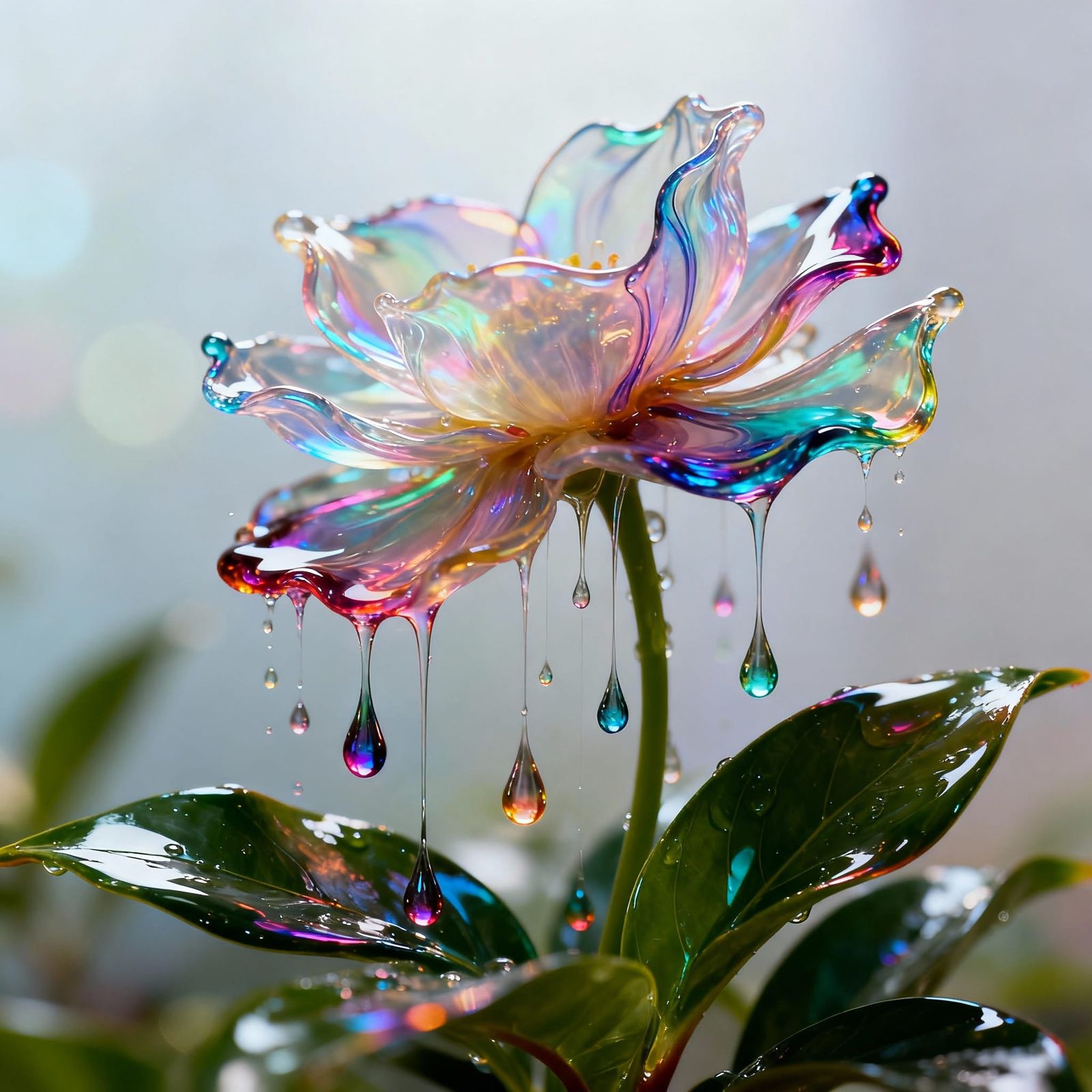 Liquid Flowers Suspended in Colorful Fluid Drops