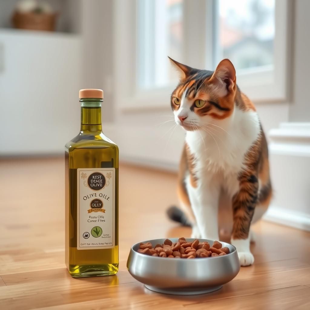 Calico Cat Sniffing Olive Oil Bottle Near Food