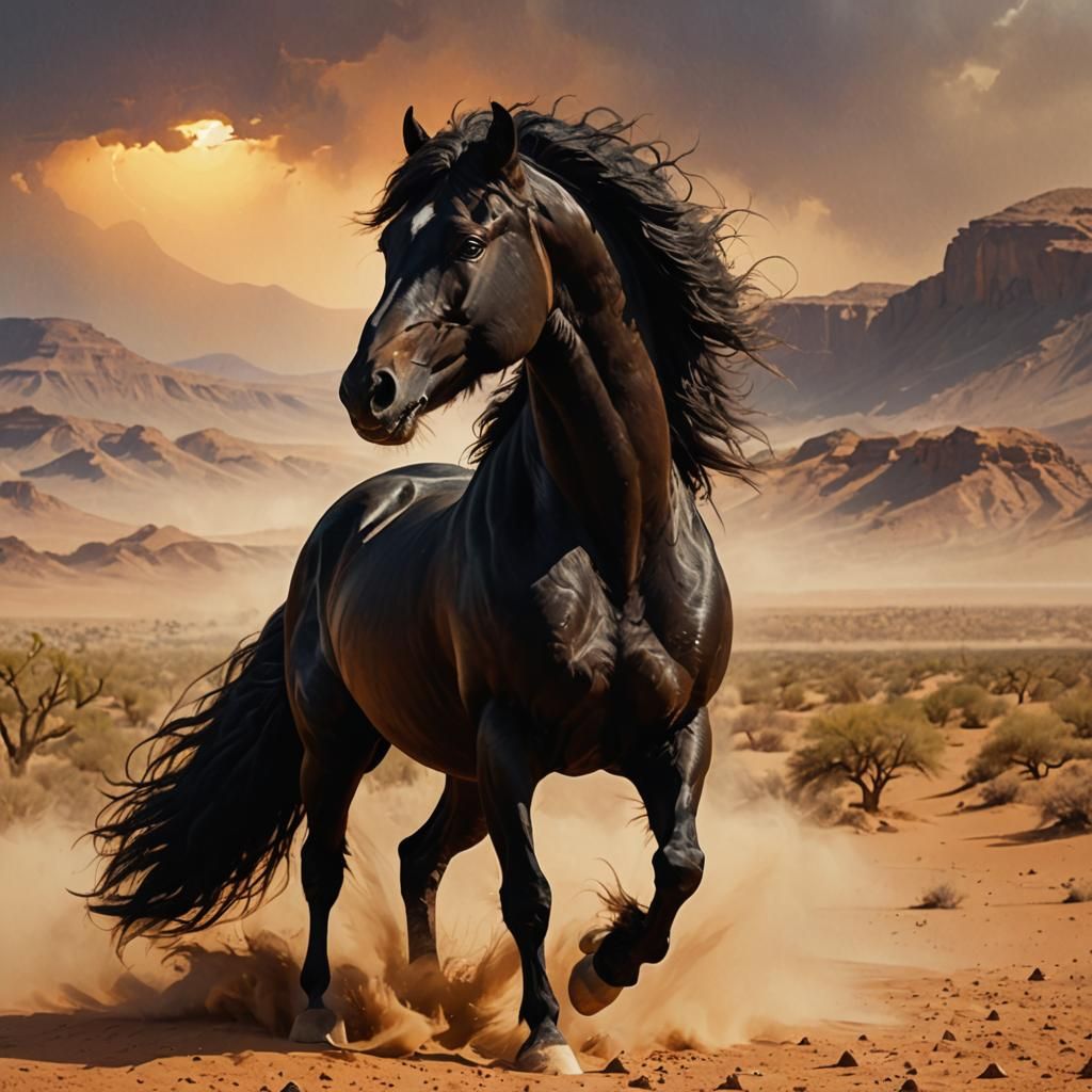 Majestic Black Stallion on Arid Planet Gor